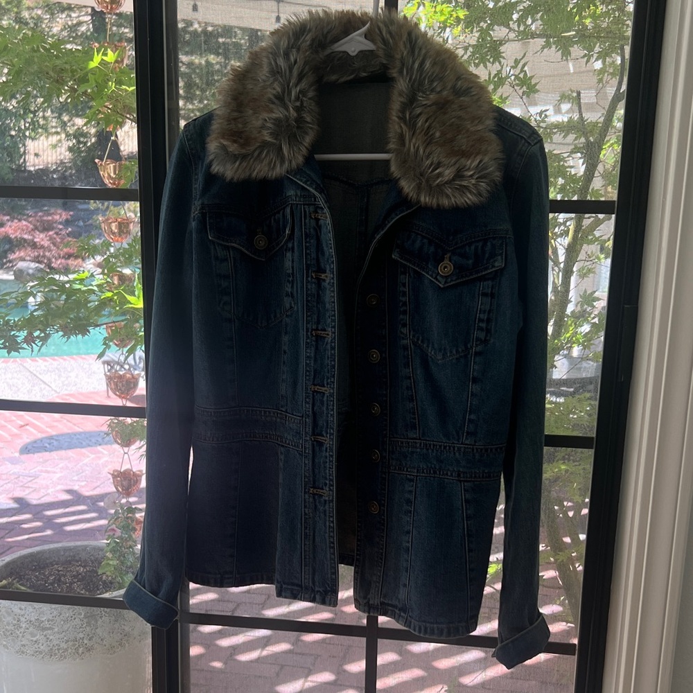 DKNY Dark Blue Denim Jacket with Faux Fur Trim